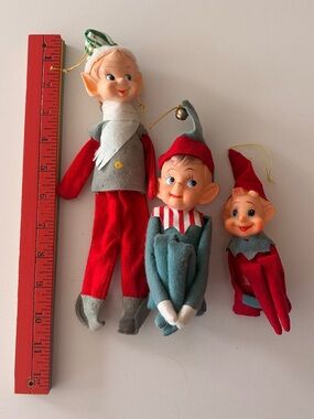 Set of Three Vintage 1950s Pixie Elf Ornaments